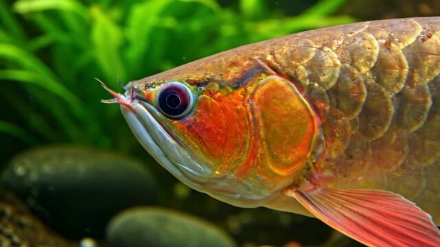 Close-up of a Red Arowana Fish Swimming in an Aquarium with Green Plants