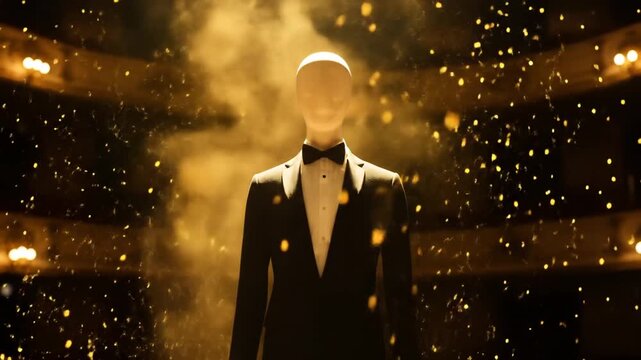 Mannequin in formal black suit golden light