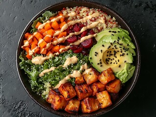 Overhead layout of a vegan Buddha bowl with quinoa, roasted vegetables, avocado, tahini drizzle, and seeds on dark matte plate. k 