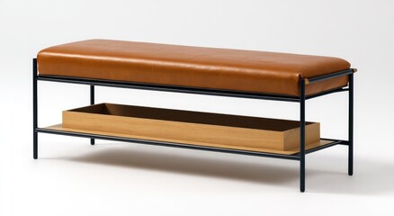 Tan leather bench with storage