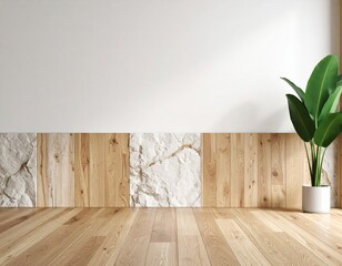 A close-up of a natural material palette: wood, stone, and a living plant leaf. A biophilic design texture background