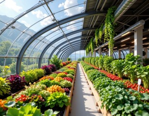 Fototapeta premium visualize a modern indoor farm where adaptive translucent panels manage sunlight exposure keeping temperature and brightness optimal enhancing plant growth color flavor texture and resilience to stres
