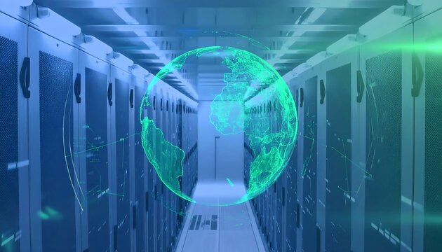 Server room with a glowing green Earth globe at its center