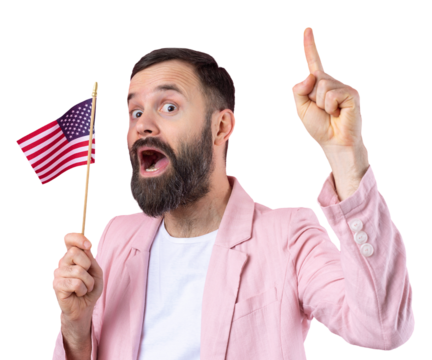 Portrait of a satisfied young man with a beard with an American flag on a red studio background. Great US patriot and defender of freedom.
