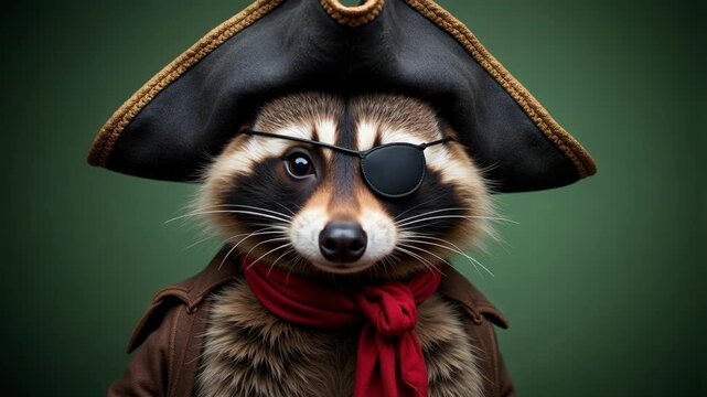 Playful raccoon pirate with eye patch and tricorn hat, starring with twinkling eyes against a soft green backdrop in vibrant 4K video footage