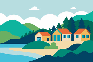 Beachfront Homes and Forested Hills by a Lagoon