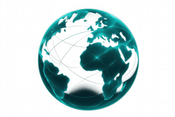 Spinning translucent earth model displaying digital network connections, representing worldwide communication against clear backdrop