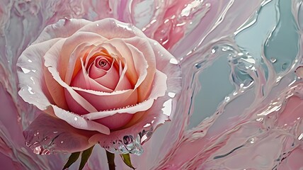 Delicate pink rose blossom gently kissed by glistening water droplets, set against a dreamy, abstract pastel background with flowing artistic textures, creating a serene and elegant floral composition