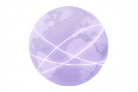 Rotating purple globe with luminous interconnected lines symbolizing worldwide digital networking against transparent backdrop