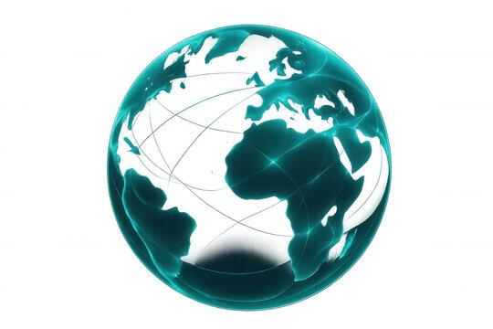 Spinning translucent earth model displaying digital network connections, representing worldwide communication against clear backdrop
