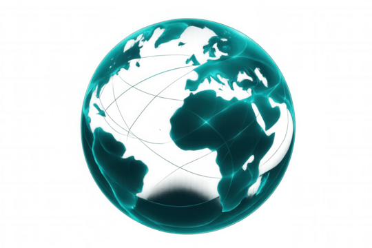 Spinning translucent earth model displaying digital network connections, representing worldwide communication against clear backdrop