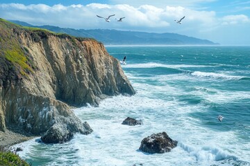 Rocky cliff seascape with blue ocean