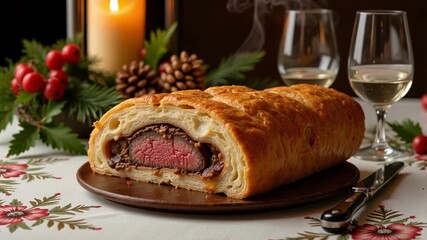 Side profile of a stunning Beef Wellington on a festive table, perfect for holiday celebrations and culinary delights, 4k video footage.