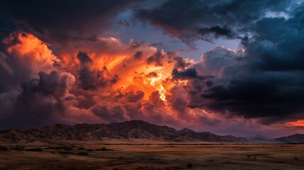 Fiery sunset illuminates dark, turbulent clouds above desert mountains