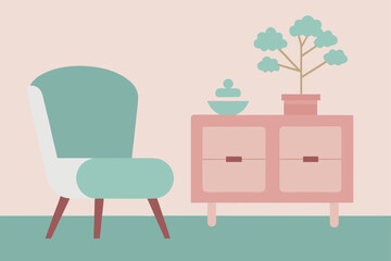 Blush Pink Chair and Mint Green Cabinet with Bonsai Tree