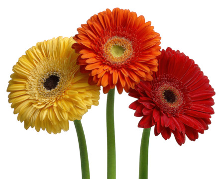Three vibrant gerbera daisy flowers with yellow, orange, and red petals, isolated on transparency background, display freshness and natural beauty, perfect for spring or summer themes - Powered by Adobe