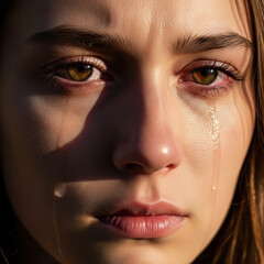 Fototapeta premium Close-up of young woman showing intense sadness with tears on cheeks