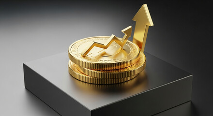 Gold coins stack with upward arrow, on dark platform, symbolizing cryptocurrency growth and investment success, ideal for finance or business concepts