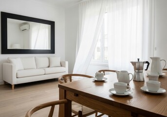 Modern living and dining area with white sofa and coffee set