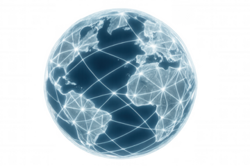 Planet earth rotating, showing global network connections with glowing lines and dots, on a transparent background