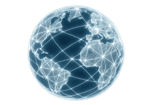 Planet earth rotating, showing global network connections with glowing lines and dots, on a transparent background