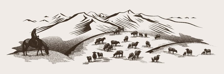 Sketch on the topic of life in Central Asia, noisy texture, nomads life, yurt in the mountains, flock of sheep, vector illustration