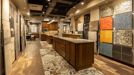 Showroom Interior with Tile Samples and Kitchen Cabinets for Design Inspiration