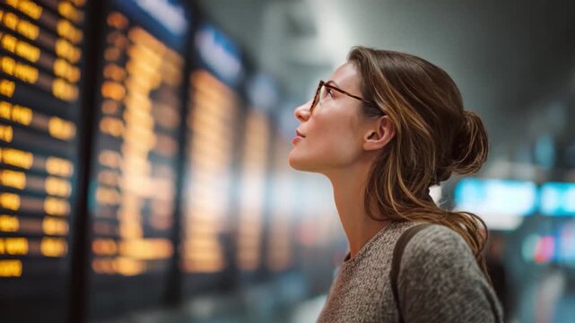 Searching for Connection: A young woman, clad in stylish glasses and clothing, gazes with intent at an illuminated flight board. The scene speaks of travel and a quest for information.