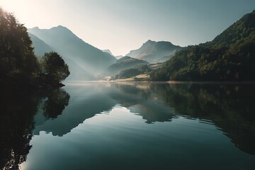 Scenic mountain lake reflecting the surrounding landscape with sunlight and fog creating a tranquil and idyllic atmosphere