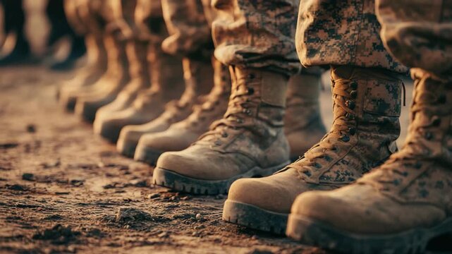 Soldiers in camouflage uniforms and boots standing formation on dirt ground