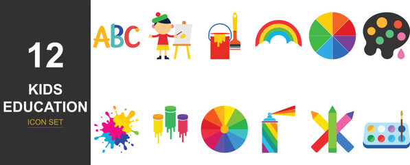 Colorful kids education and art supplies collection