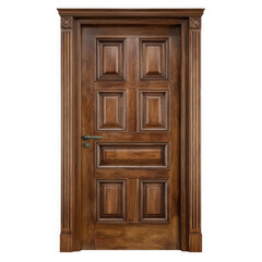 Obraz premium Ornate wooden door with brass handle isolated on transparent background