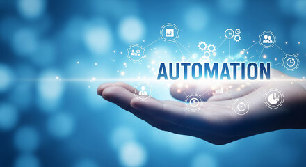 Hand presenting digital automation concept, showcasing process optimization, efficiency, and technological advancement through interconnected icons