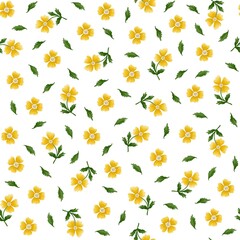 Bright seamless floral pattern featuring yellow blossoms with delicate green leaves on a white background. Perfect for spring, summer designs, textiles, packaging, wallpapers, and decorative projects