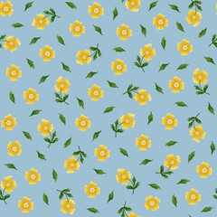 Bright seamless floral pattern featuring yellow blossoms with delicate green leaves on a blue background. Perfect for spring, summer designs, textiles, packaging, wallpapers, and decorative projects