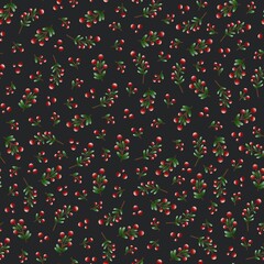 Elegant seamless botanical pattern featuring red berries with green leaves on thin branches on a black background. Perfect for Christmas, winter, or holiday designs, textiles, packaging and wallpaper