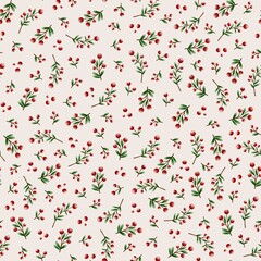 Elegant seamless botanical pattern featuring red berries with green leaves on thin branches on a beige background. Perfect for Christmas, winter, or holiday designs, textiles, packaging and wallpaper