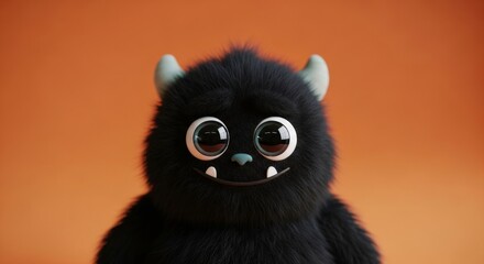 Fototapeta premium Black furry cute monster with big eyes and small horns. Halloween creature for party or children event theme banner.