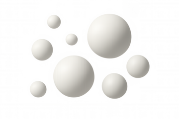 Translucent spherical elements varying in scale, suspended against clear backdrop, forming minimalist geometric design