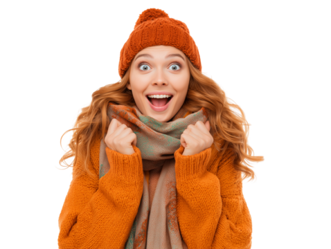 Excited young woman in orange hat and scarf on white background - Powered by Adobe