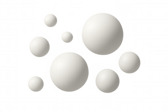 Translucent spherical elements varying in scale, suspended against clear backdrop, forming minimalist geometric design