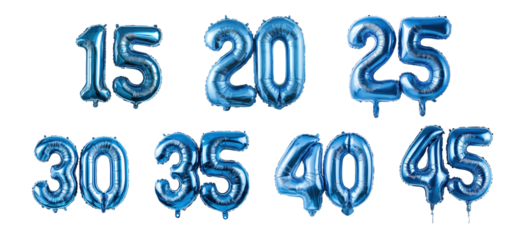 Set of Foil Helium Blue Balloons 15, 20, 25, 30, 35, 40, 45 Isolated on Transparent Background