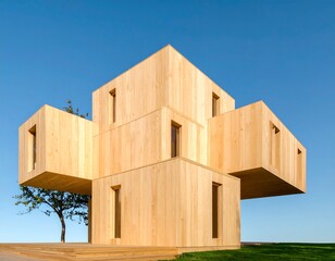 Modern Wooden Cube House Design with Floating Structure.