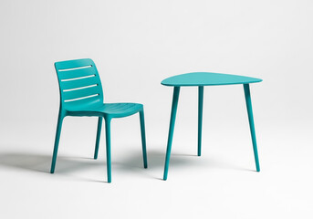Fototapeta premium Modern teal outdoor bistro set with chair and table