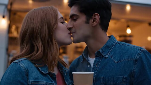 kiss and romance - A romantic moment between a couple enjoying coffee at a cozy outdoor café, with warm lights glowing in the background, creating an intimate atmosphere