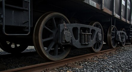 Vintage Train Wheel and Underframe Closeup on Railway Tracks