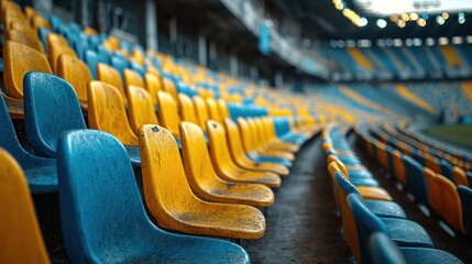 Fototapeta premium Blue and Yellow Seats in a Large Stadium Ready for a Big Sporting Event