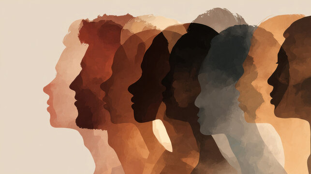 Diverse human silhouettes overlapping in warm earthy tones