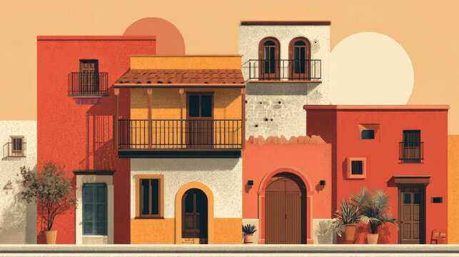 Fototapeta Colorful mediterranean style houses with balconies and warm sunlight