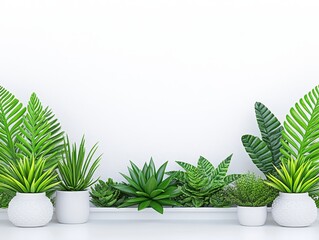 Fototapeta premium Lush Greenery on White Shelf Against White Wall